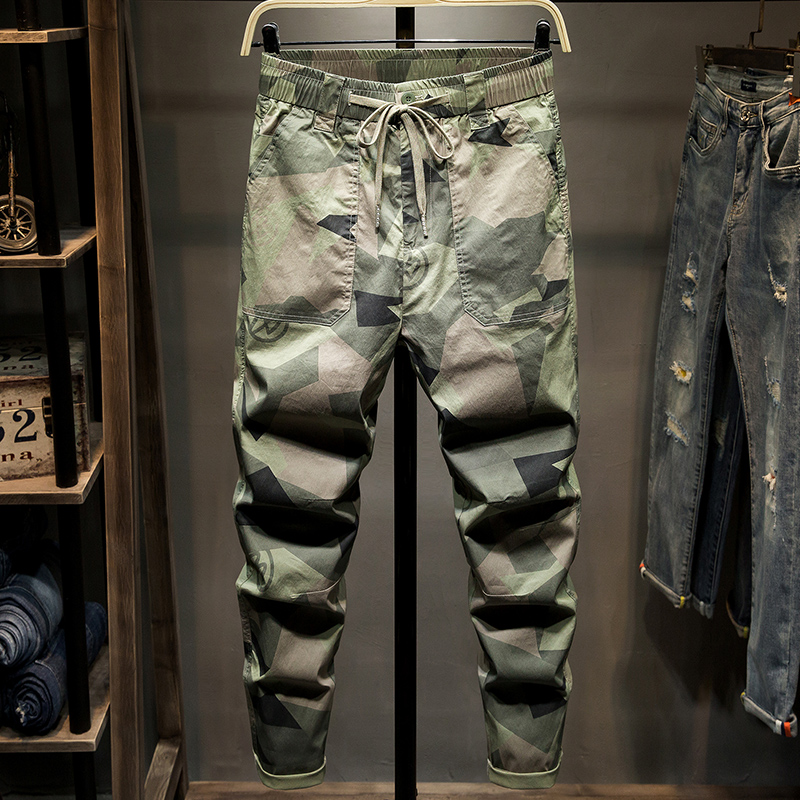 夏季薄款九分休闲裤男宽松直筒运动裤男士冰丝迷彩工装阔腿裤潮牌