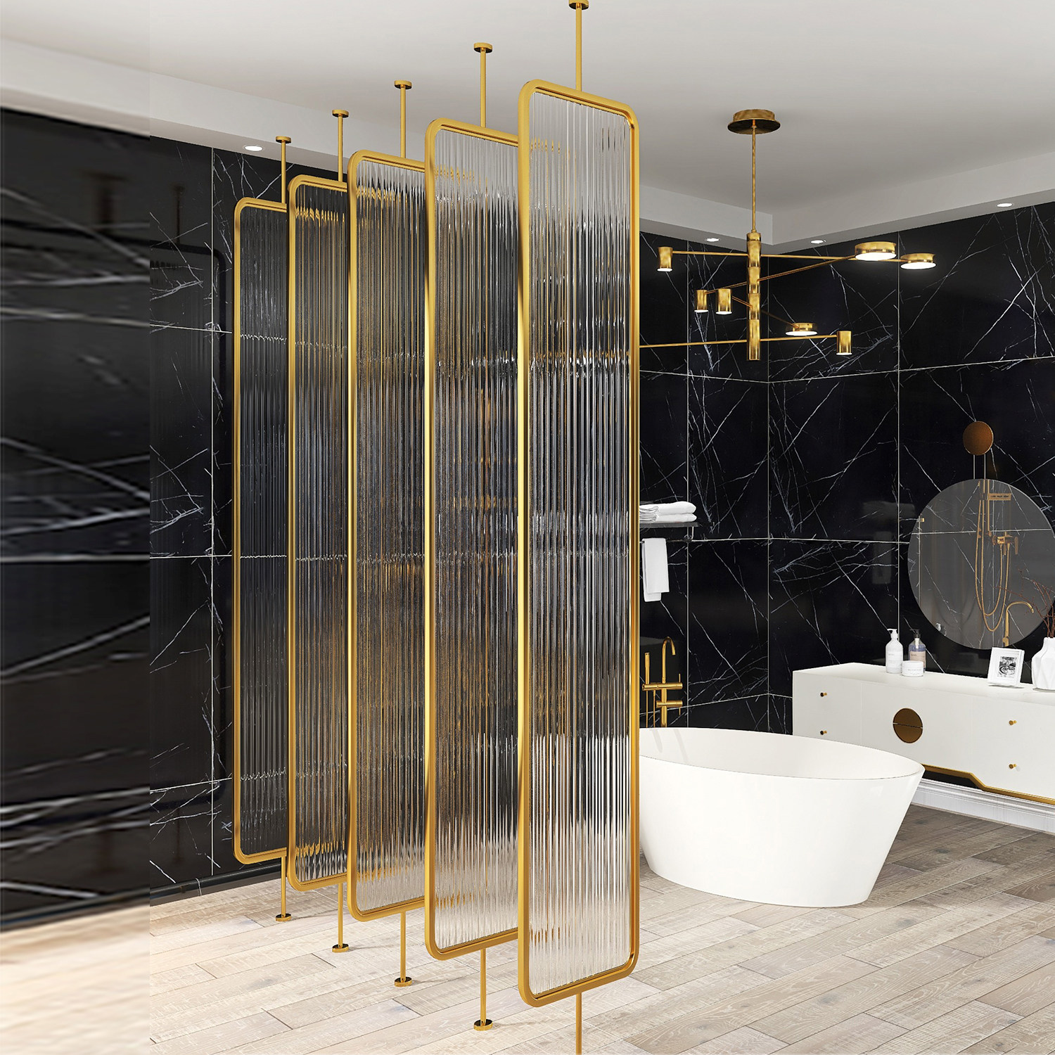 轻奢不锈钢屏风长虹玻璃隔断简约现代客厅玄关折屏