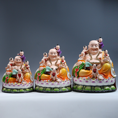 德化陶瓷14至18吋坐莲五子弥勒佛像五子登科大肚笑佛招财供奉摆件