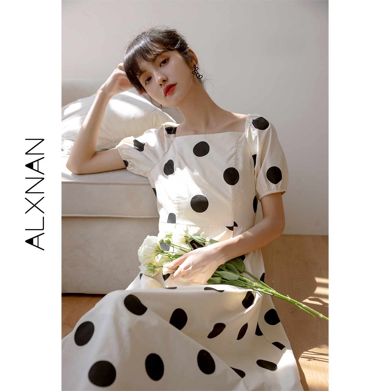 鹿向南方领波点连衣裙女生2022年春夏新款法式高腰中长款裙子茶歇