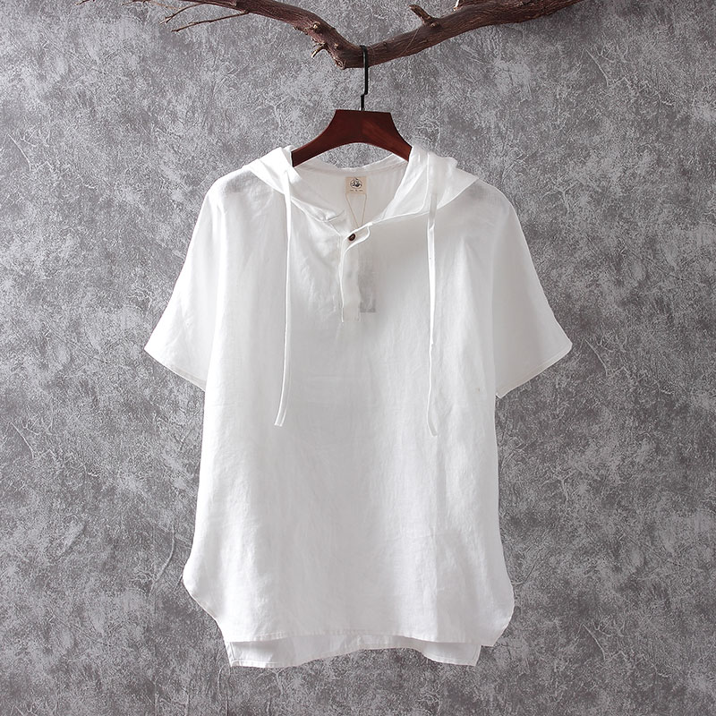 100%亚麻连帽短袖T恤唐装青年男装宽松中国风夏季薄款棉麻休闲