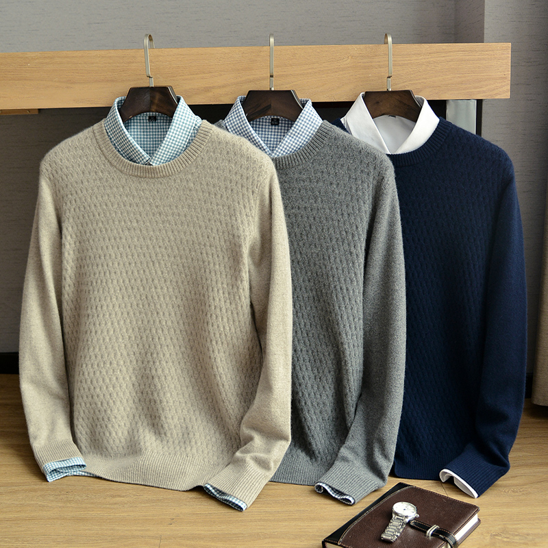 秋冬新款纯山羊绒衫男圆领套头韩版宽松厚毛衣商务休闲长袖针织衫