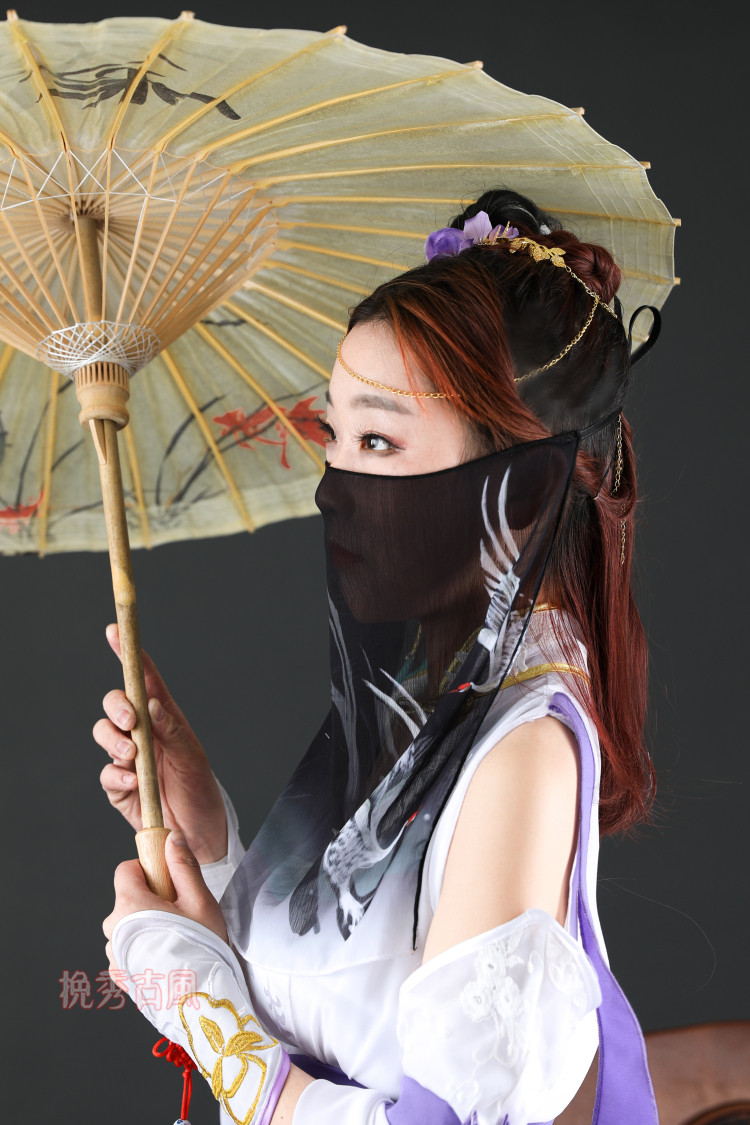 挽秀古风双鹤渐变雪纺印花面纱汉服遮面蒙面发饰