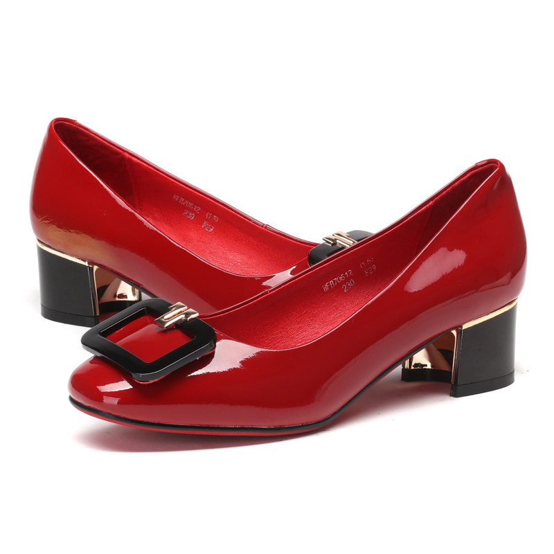 红蜻蜓真皮女鞋春秋新款正品时尚方扣通勤ol优雅女皮鞋粗跟女单鞋
