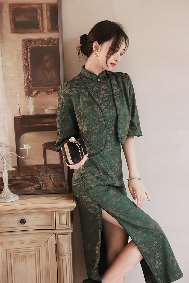 旗袍复古礼服白礼服款显中老年日常2022年修身苏锦旗袍