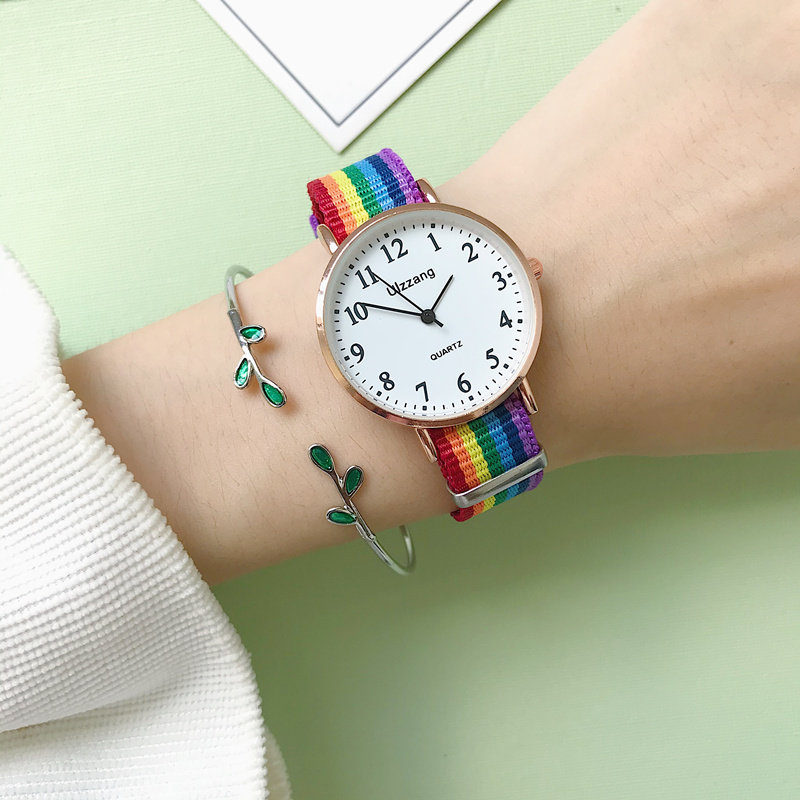 考试手表ins学院文艺中学生韩版简约彩虹帆布国产腕表