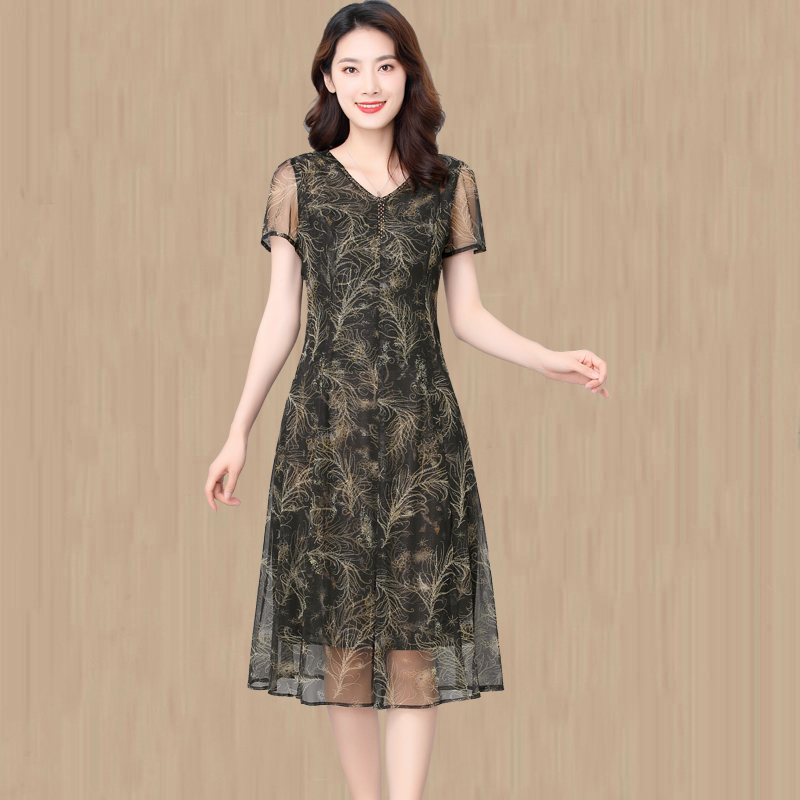 哥弟夏季中年大码女装中长裙子高档真丝妈妈连衣裙
