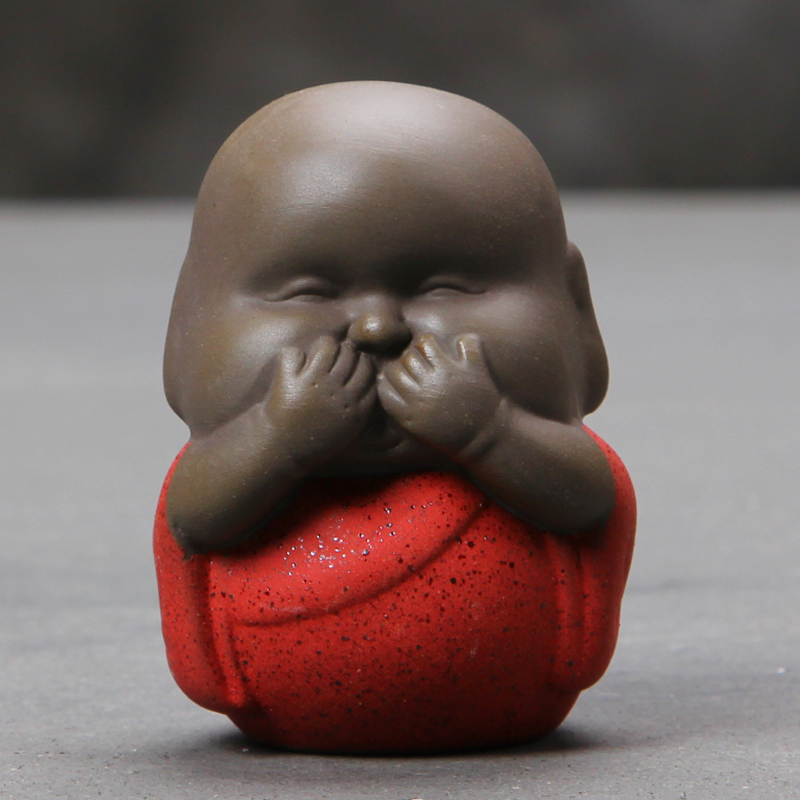 彩砂陶茶宠三不小和尚摆件紫砂小沙弥可爱佛不说不听不看可养茶玩