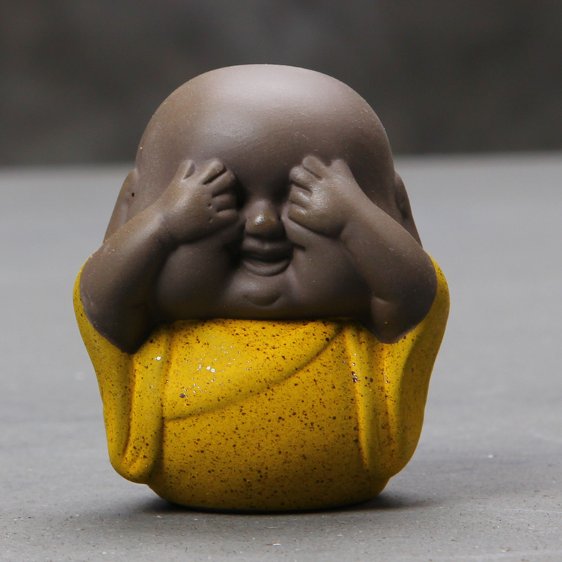 彩砂陶茶宠三不小和尚摆件紫砂小沙弥可爱佛不说不听不看可养茶玩