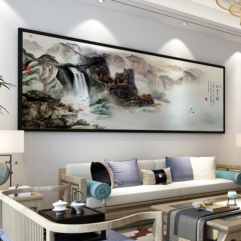 山水画中式沙发背景墙挂画风水靠山招财大气客厅现代装饰画