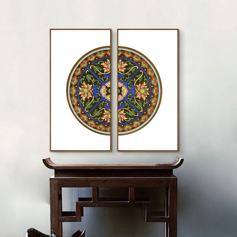 新中式传统吉祥花纹客厅书房装饰画卧室玄关双联挂画酒店会所壁画