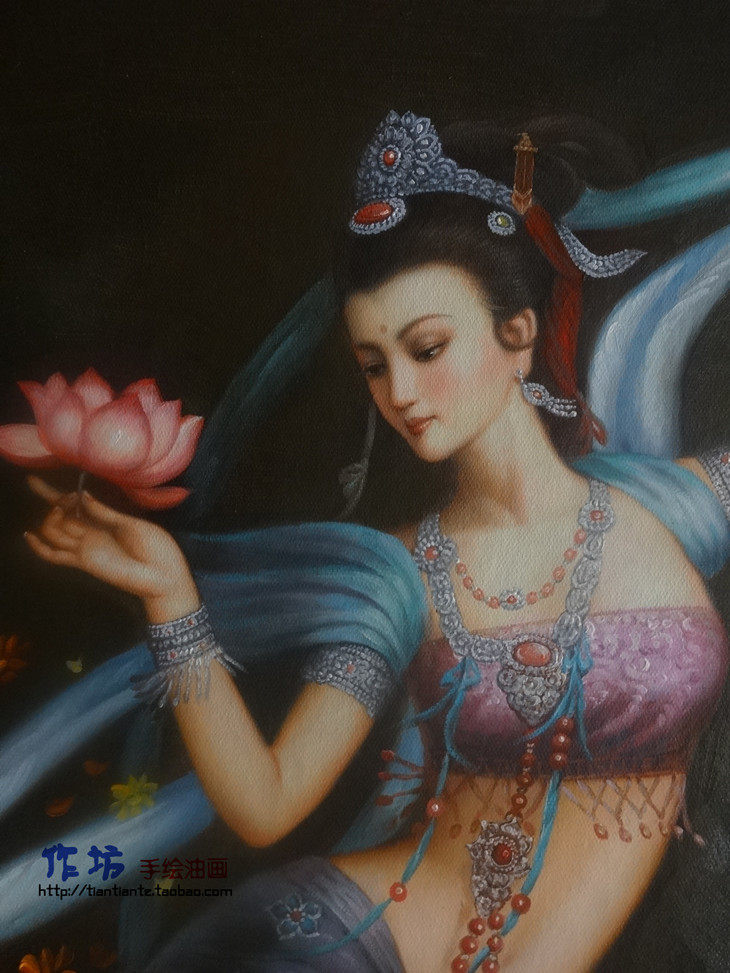 手工油画飞天天仙女图定制中式古典人物玄关油画