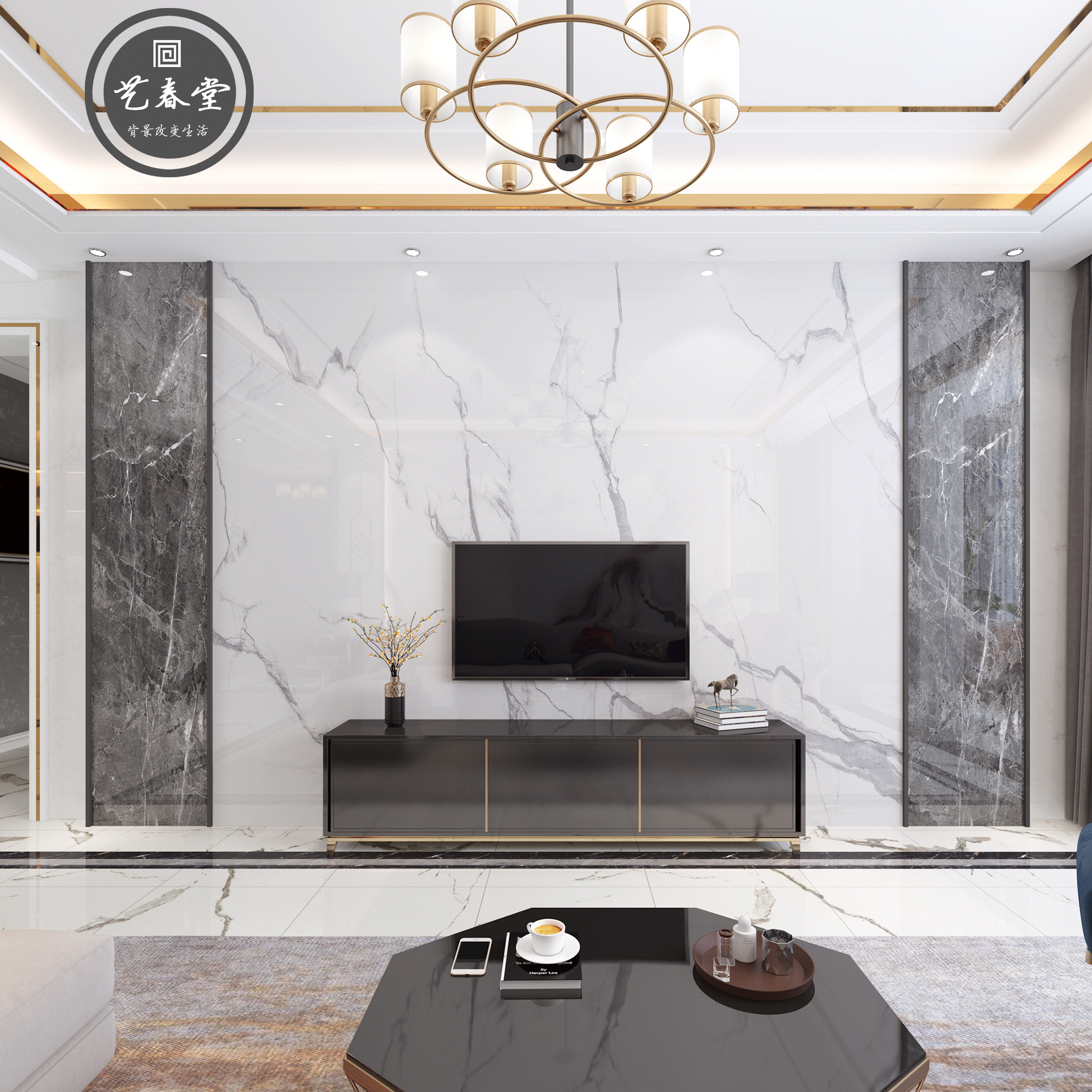 瓷砖背景墙现代简约欧式客厅轻奢奢风微晶晶石影视瓷砖背景墙
