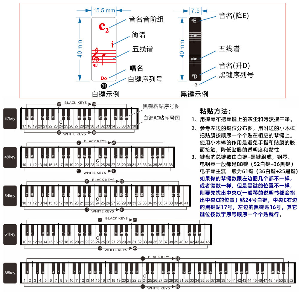 钢琴五线谱简谱自学贴纸彩色音名唱名名大小字其它乐器配件