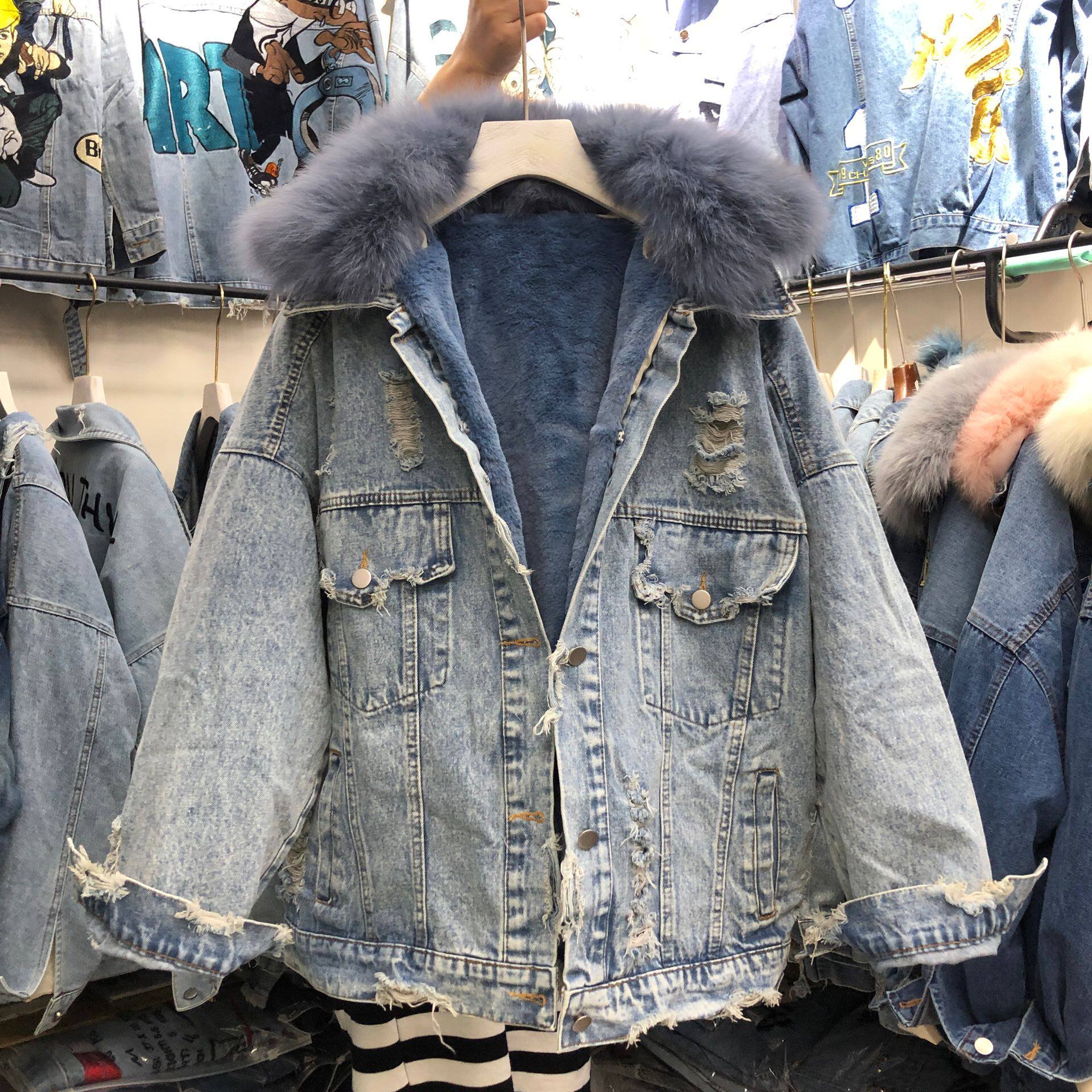 牛仔狐狸毛领外套2020冬款复古破洞棉衣
