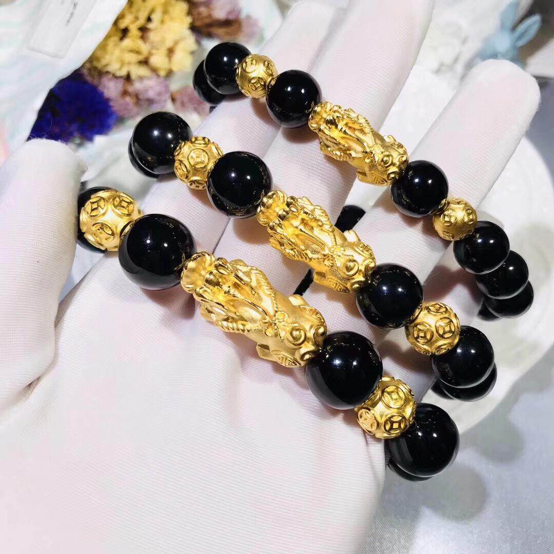 足金3d硬金貔貅转运金钱珠手串男士曜石手链手饰