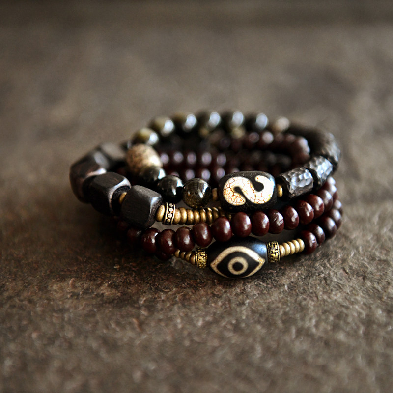 天然黑檀金曜石混搭木质佛珠手串p169复古黄铜配饰男士不规则手链