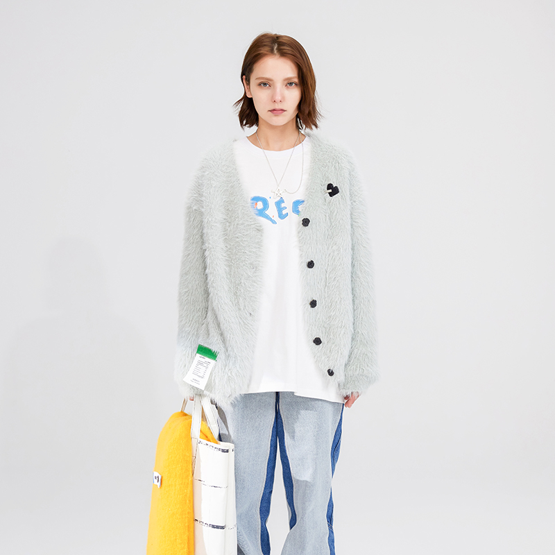 RECOIN 原创雾霾绿爱心刺绣钉标毛衣开衫情侣款软糯感针织衫外套