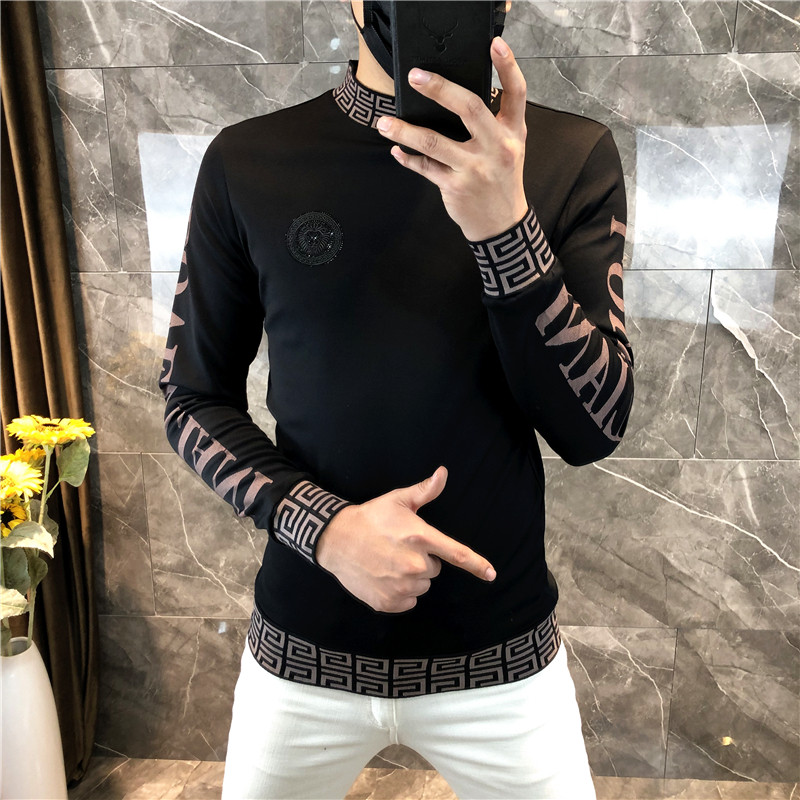 欧洲站长袖t恤男秋冬加绒半高领打底衫男士2021新款潮牌修身卫衣