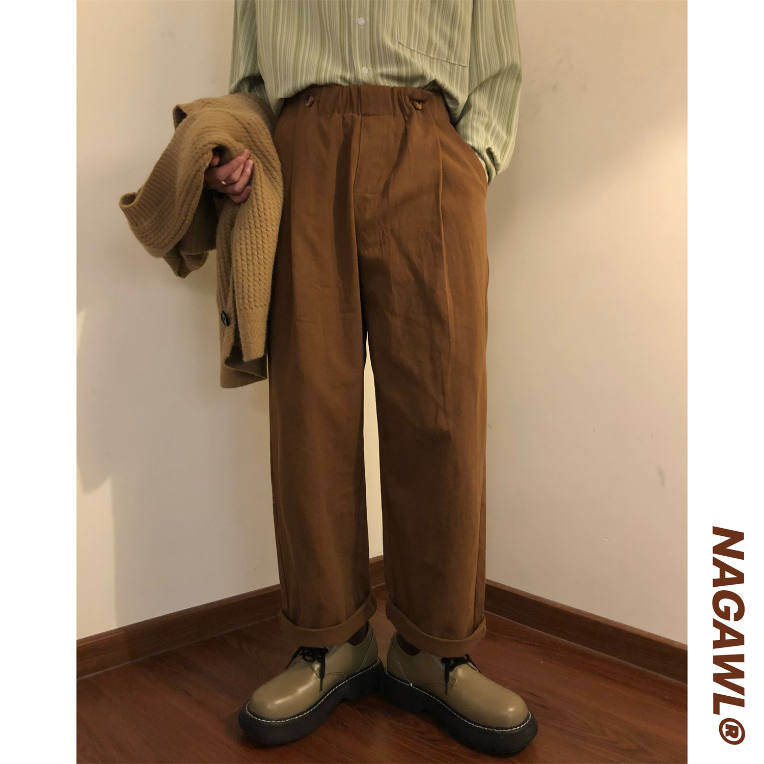 NAGAWL咖色宽松阔腿裤潮牌日系复古cityboy直筒工装裤男美式休闲
