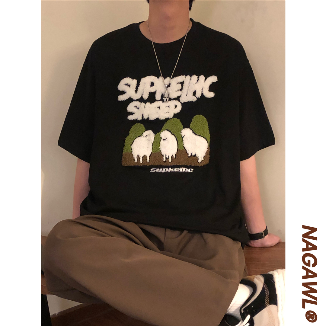 NAGAWL夏季新款美式复古字母植绒小羊印花短袖T恤男宽松半袖上衣