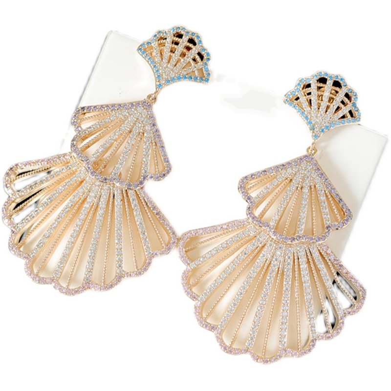 欧美全新奢华耳环镶嵌氧化水钻气质夸张扇形耳环