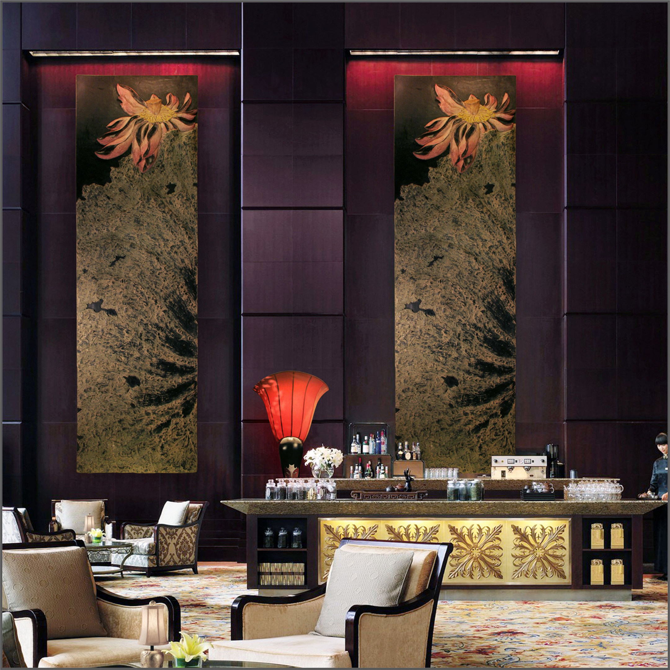 现代中式玄关装饰画单幅3d立体浮雕莲花壁饰壁饰