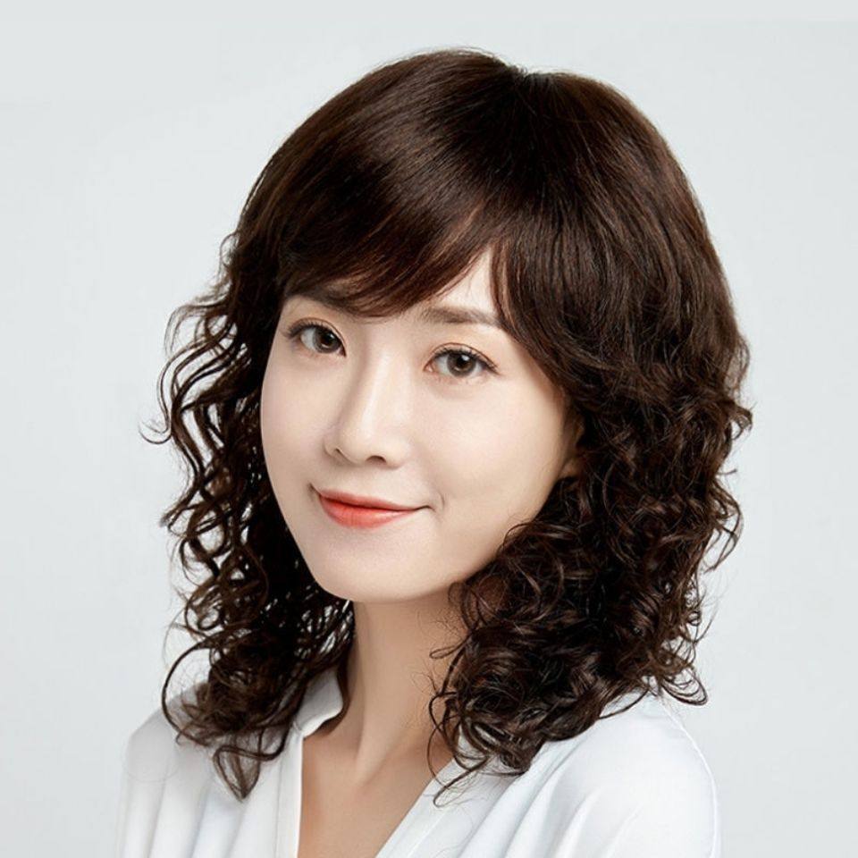 时尚女士假发长卷发斜刘海大波浪逼真圆脸中年妈妈中长发整顶发套