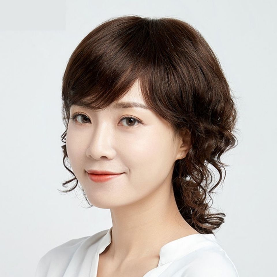 时尚女士假发长卷发斜刘海大波浪逼真圆脸中年妈妈中长发整顶发套