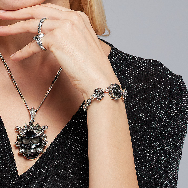 kingbaby初夏礼物黑玫瑰玫瑰花手链煤玉雕刻嘻哈手链