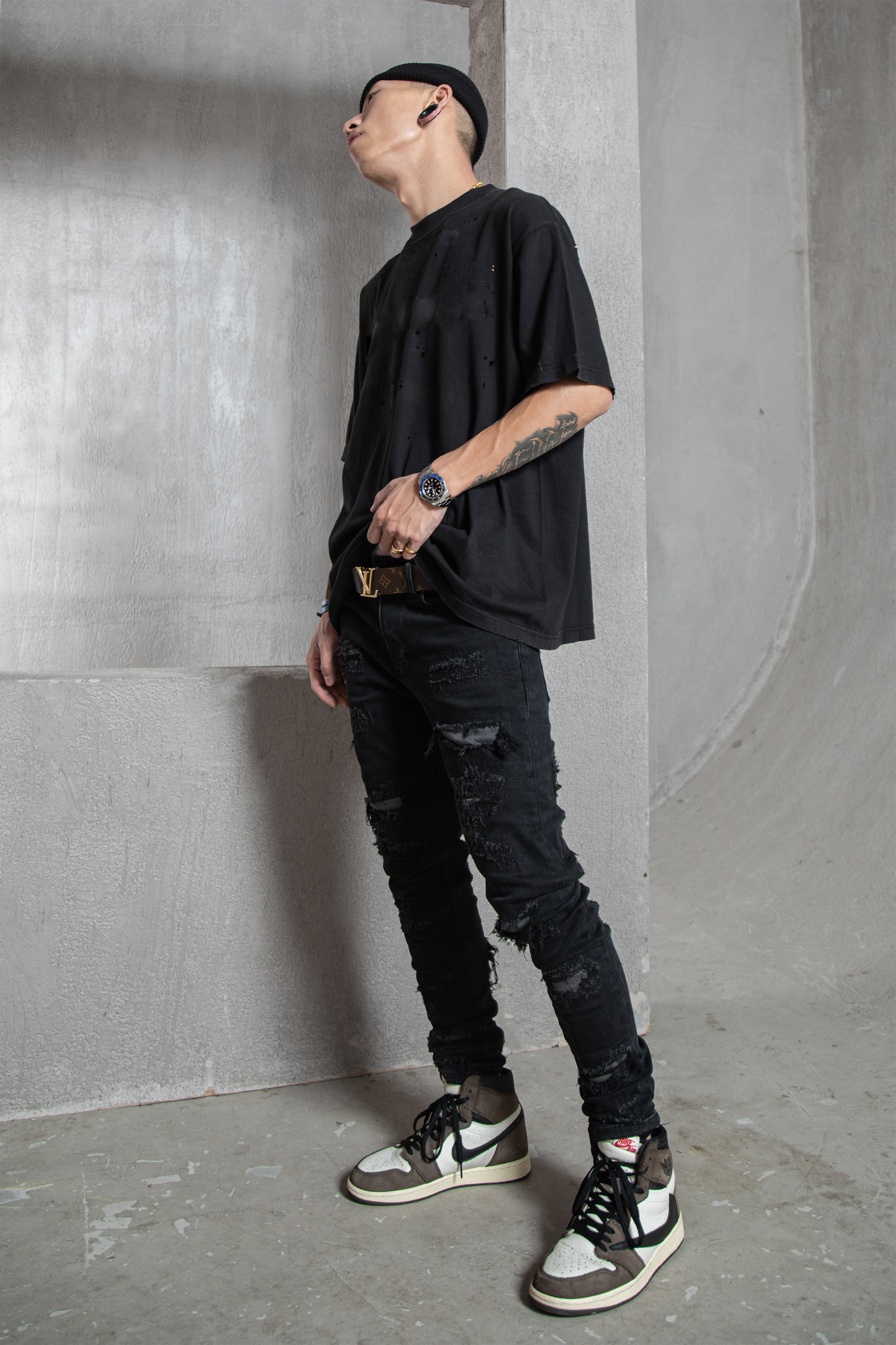 SQUAD UP复古黑糜烂破坏破洞补丁乱针刺绣弹力牛仔裤SKINNY JEANS