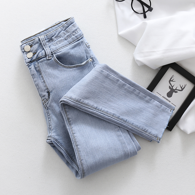 浅蓝色牛仔裤女2021年秋冬加绒刺绣高腰紧身显瘦网红九分铅笔裤子