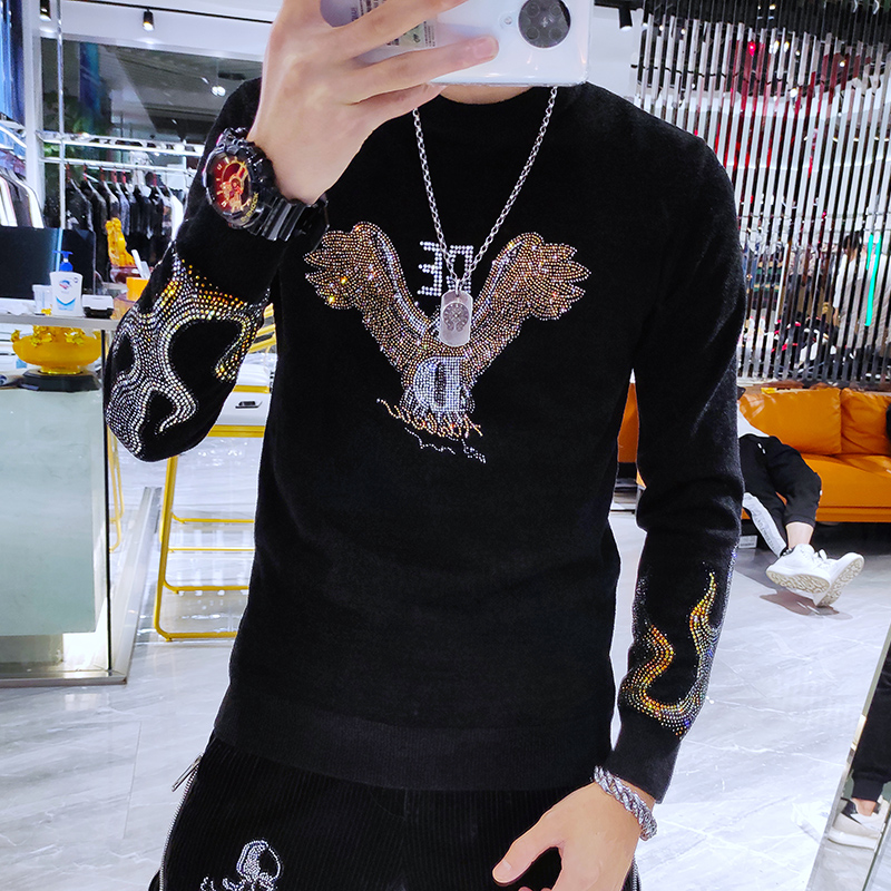 欧洲站2021冬季潮牌打底针织衫老鹰重工烫钻修身天鹅绒毛衣男加厚