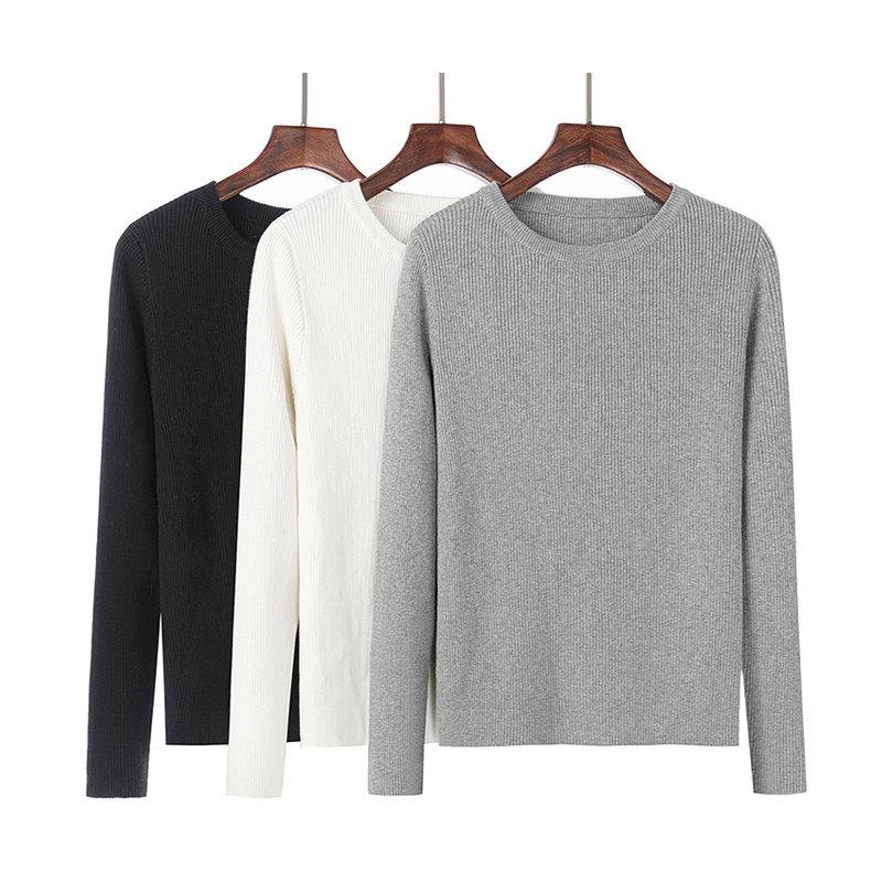 纯棉线针织衫女圆领长袖螺纹弹力修身全棉打底衫100%女士毛衣重工