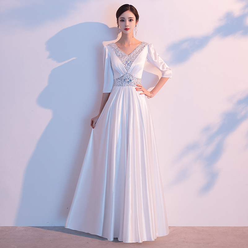 大合唱演出服长裙显瘦白色朗诵表演晚礼服合唱团红歌礼服