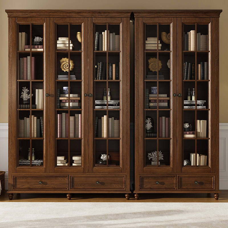 书柜美式实木带门玻璃双门白蜡落地书橱家用单个书柜