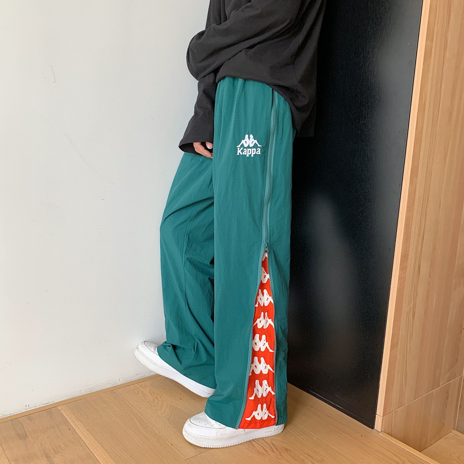 Kappa卡帕背靠背春秋宽松休闲裤男女情侣串标阔腿裤拉链裤