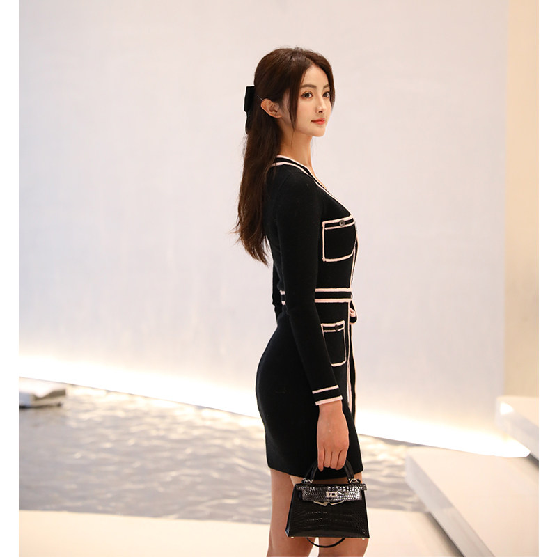 香名媛风v领性感羊绒针织裙系带撞色修身包臀连衣裙 - veramoon新优雅