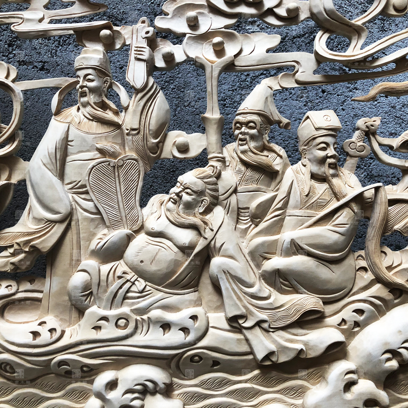 东阳木雕八仙过海客厅背景墙挂扁手工浮雕人物深雕木雕