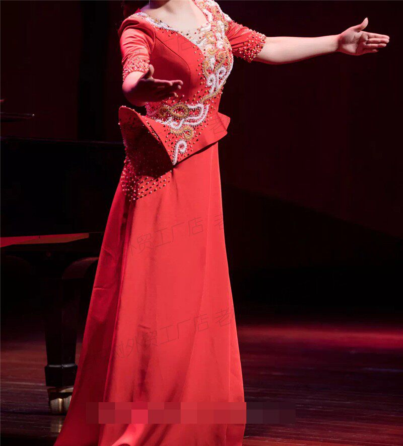 定制手工缝珠美声独唱演出服红色五分袖艺礼服礼服