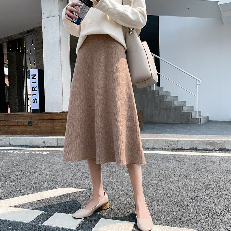 加厚针织毛线半身裙子女春春秋冬新款高腰中长款a字裙冬天配毛衣
