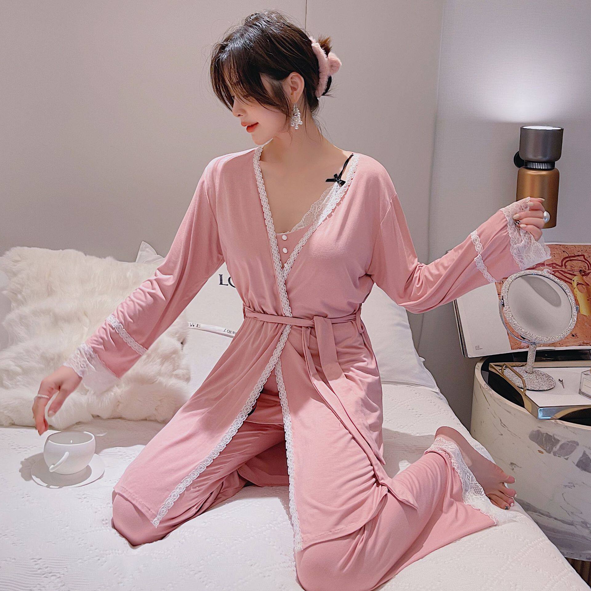 性感睡衣女士莫代尔带胸吊带睡袍长袖长裤保暖睡衣