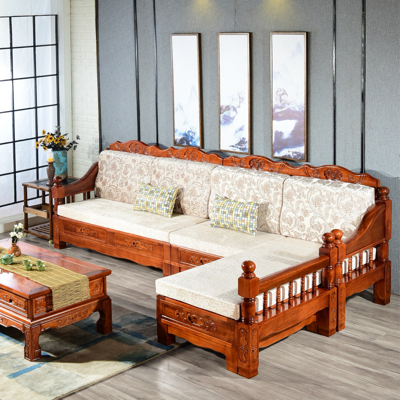 全实木沙发红橡木现代中式布艺转角家具套装冬夏两用储物橡木沙发