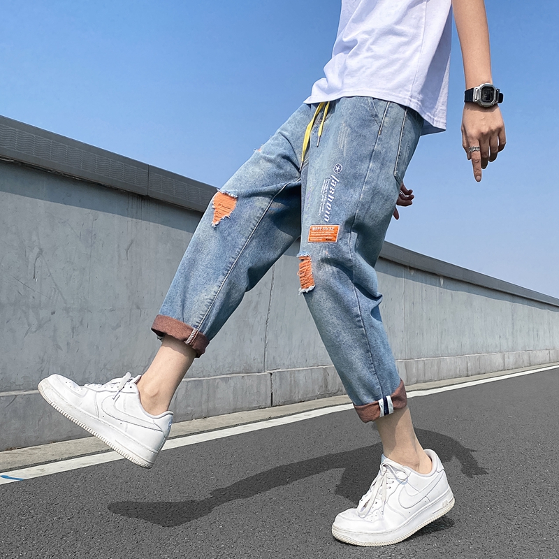 牛仔裤男潮牌宽松直筒2022春秋夏季百搭破洞休闲男士裤子韩版潮流