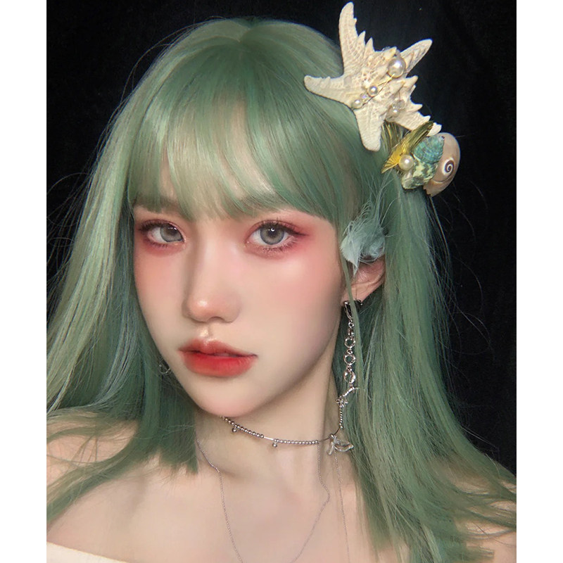 网红锁骨绿全发抹长直中长齐肩少女假发绿日日常整顶假发