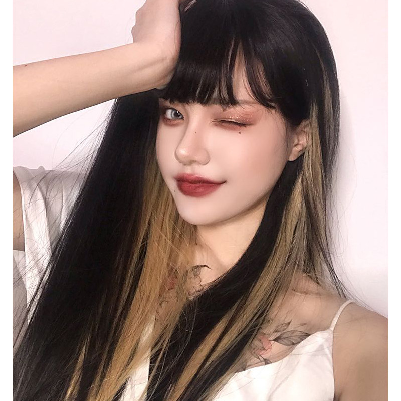 挑染假发头套亚麻金色长发网红逼真彩色lolita日常整顶假发