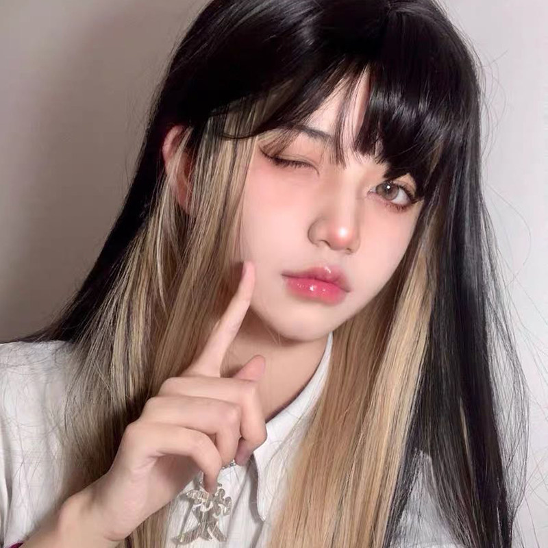 挑染假发头套亚麻金色长发网红逼真彩色lolita日常整顶假发