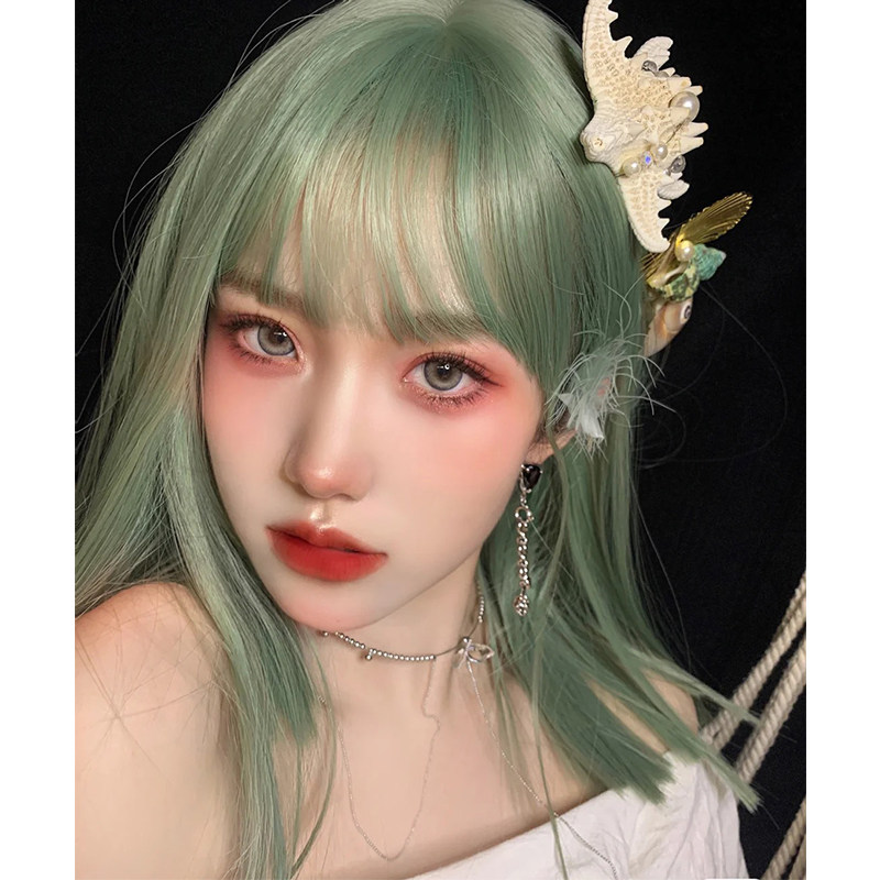 网红锁骨绿全发抹长直中长齐肩少女假发绿日日常整顶假发