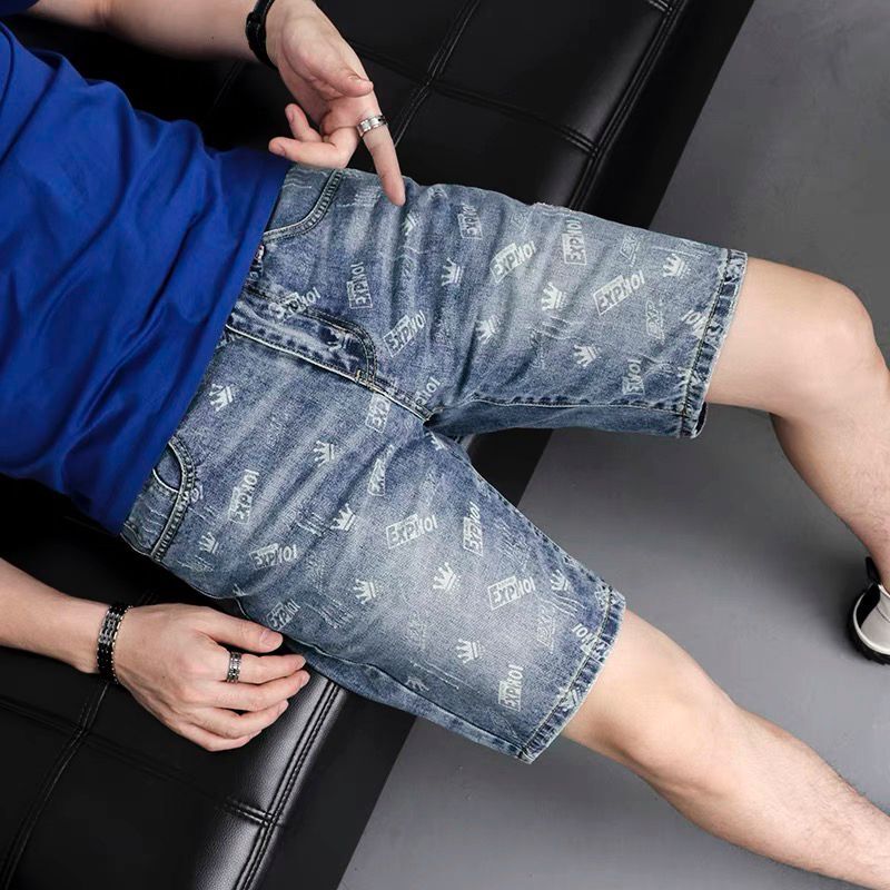 潮男个性印花蓝色修身牛仔短裤男社会精神小伙快手网红同款五分裤