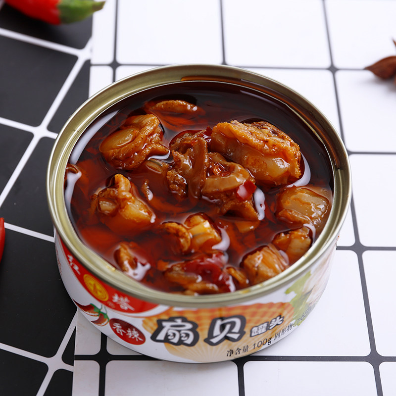 扇贝罐头100g*6罐大连特产扇贝肉即食红塔蒜蓉香辣下酒菜海鲜熟食